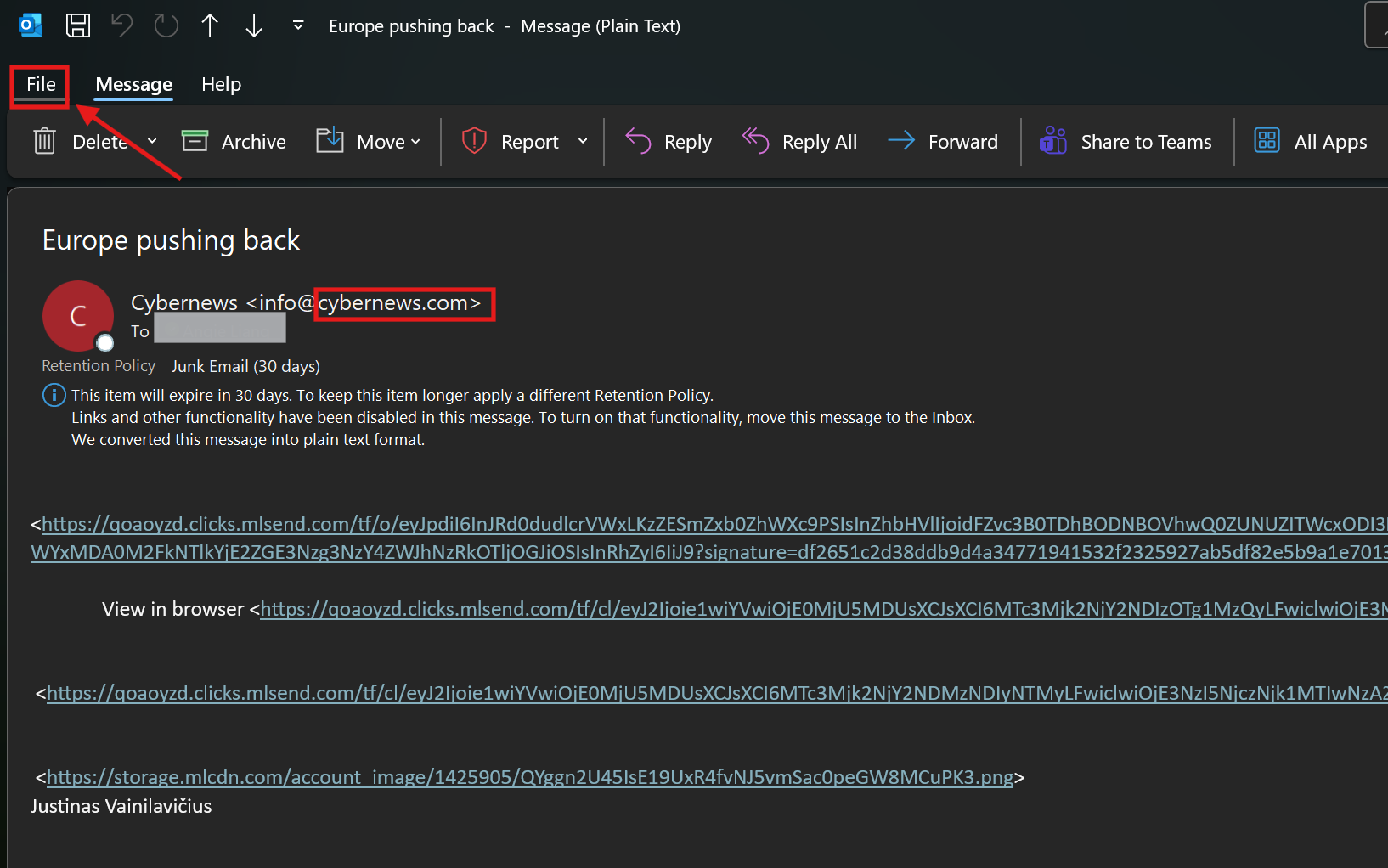 Step 1: Open the suspicious email in its own window