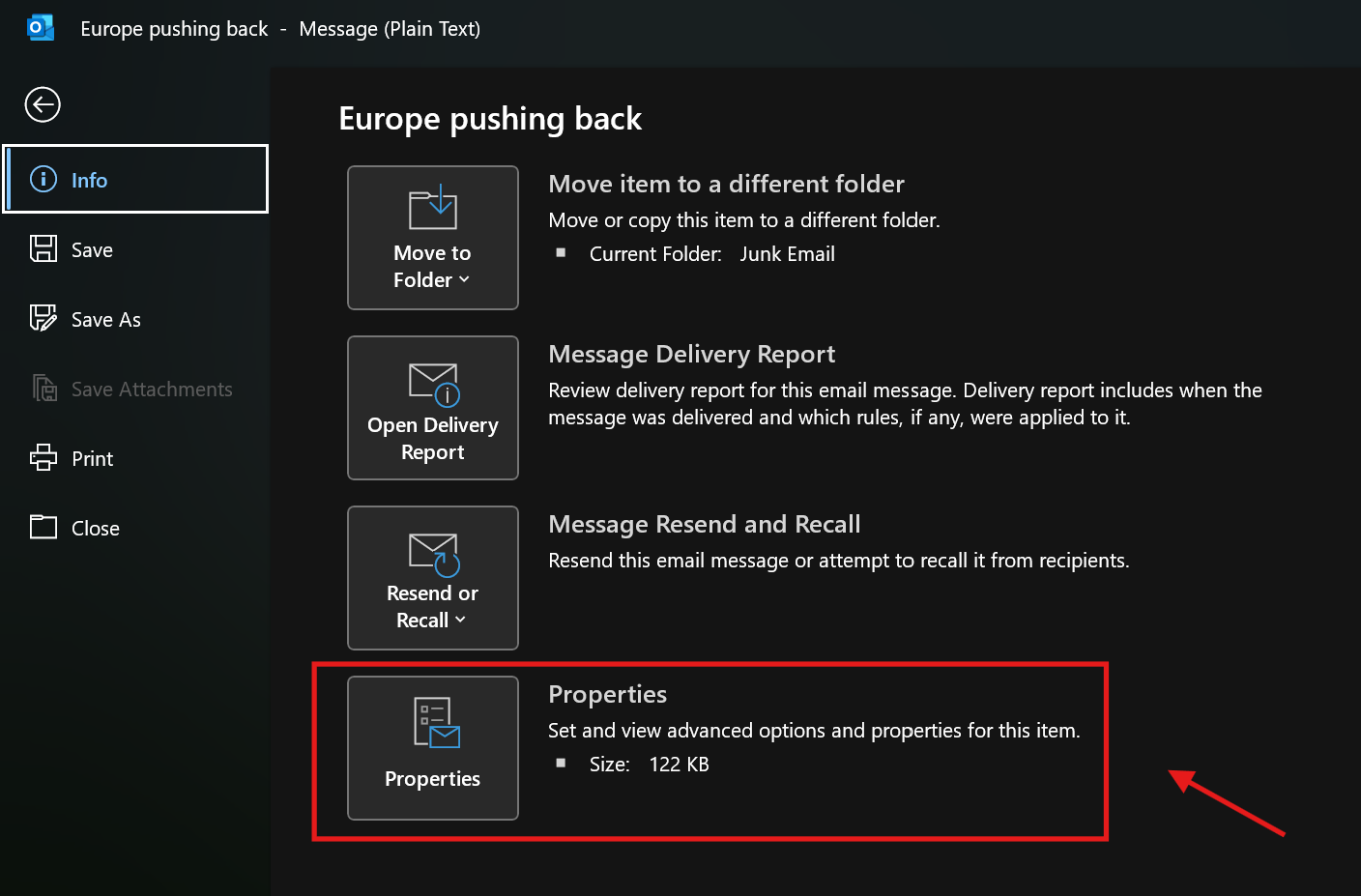 Step 2: File to Properties in Classic Outlook