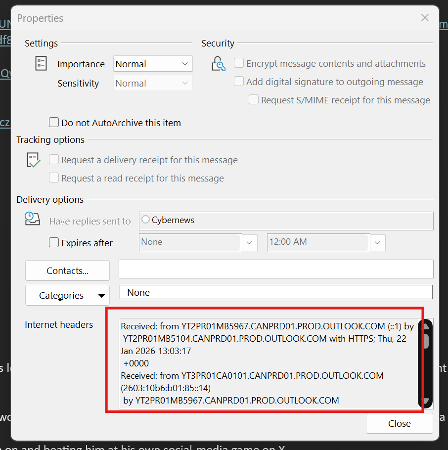 Step 3: Copy the Internet headers text